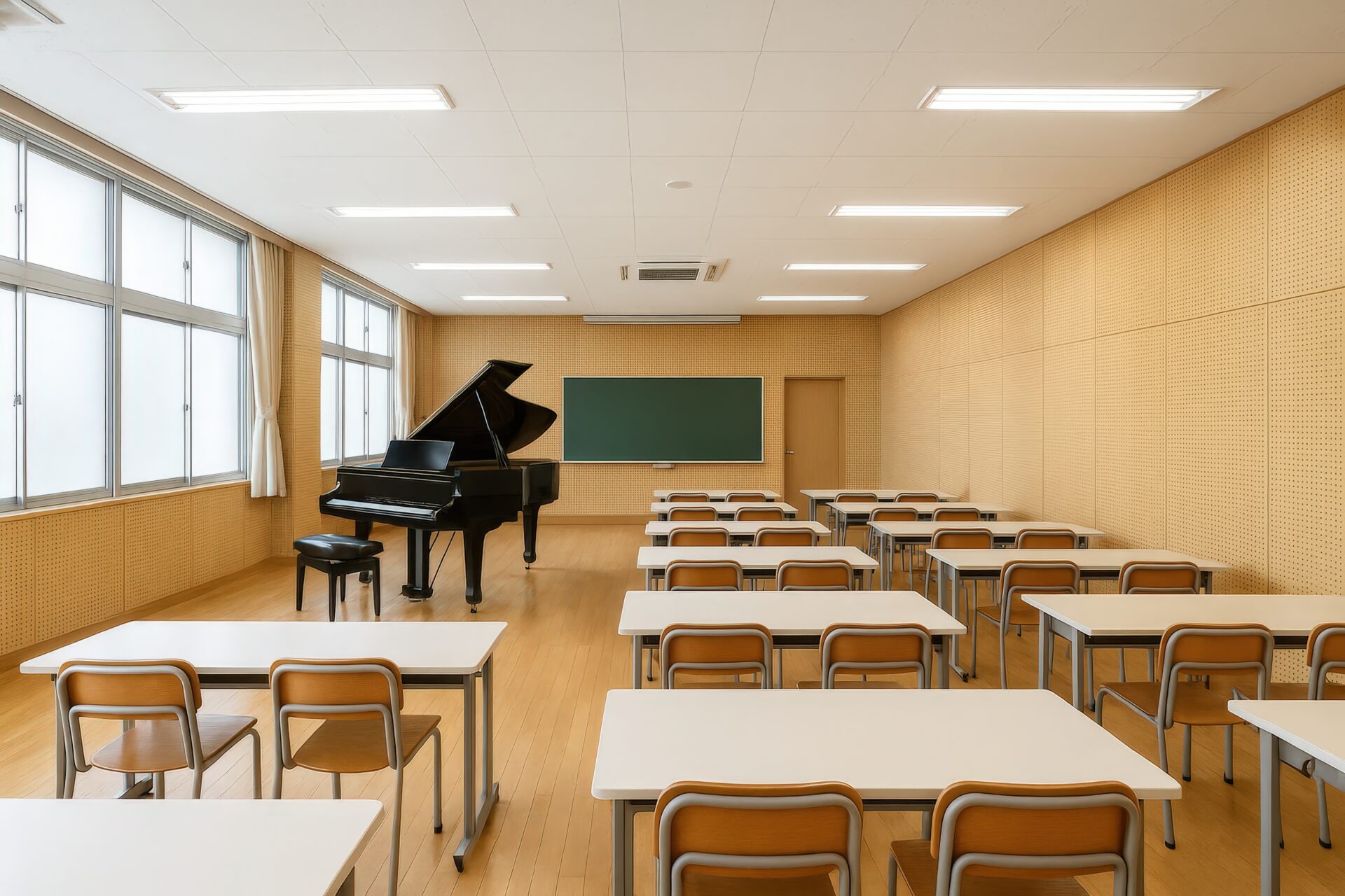 清潔感のある音楽教室とグランドピアノの風景
