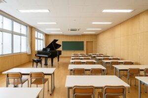 清潔感のある音楽教室とグランドピアノの風景