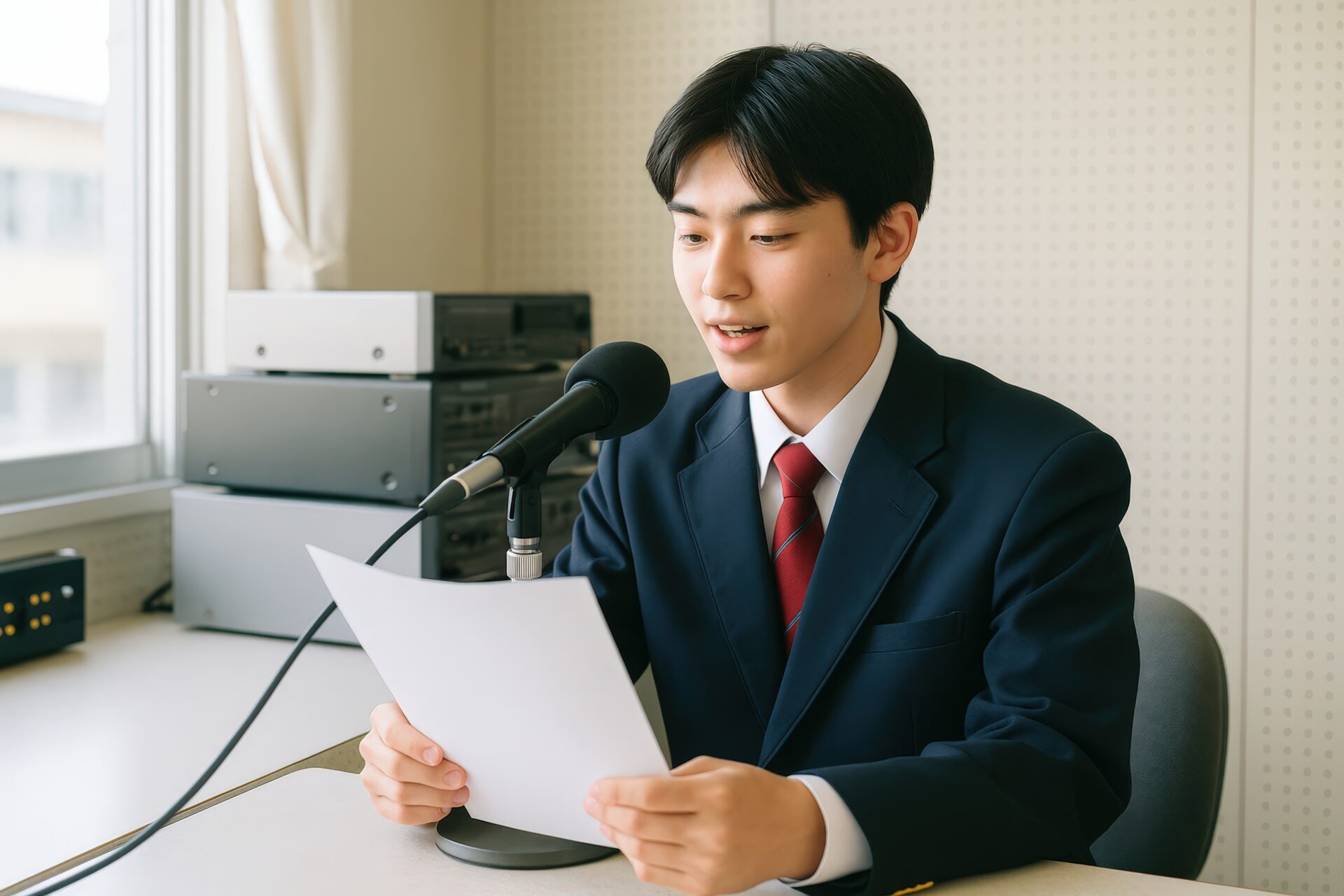 原稿を読みながら放送するブレザー姿の男子学生