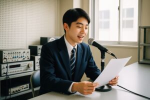 笑顔で校内放送を行う男子学生