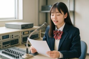 原稿を読み上げる女子学生の放送風景