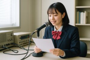 校内放送でマイクに向かう女子学生