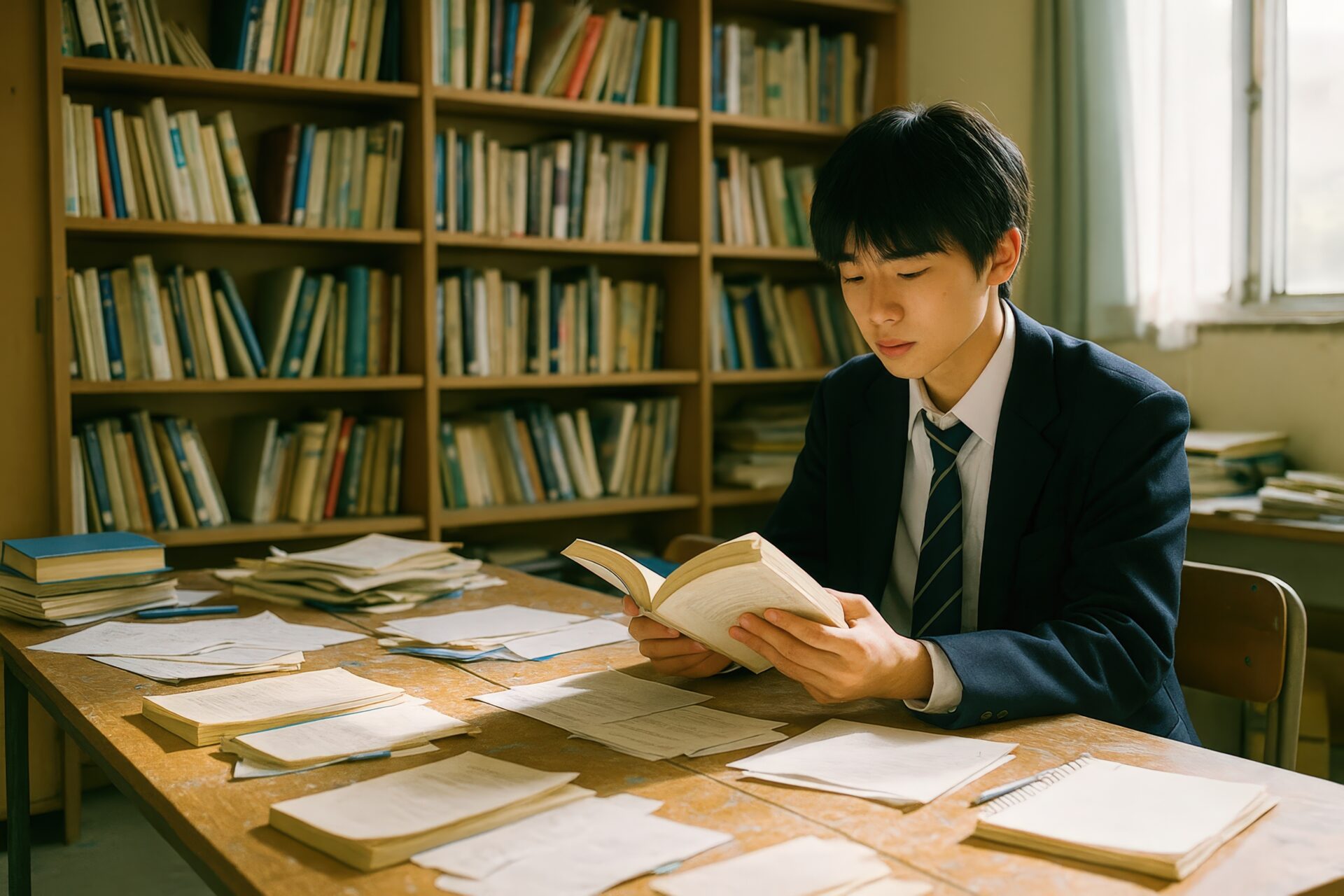 本棚のある教室で読書をする男子高校生