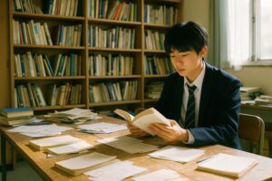 本棚のある教室で読書をする男子高校生