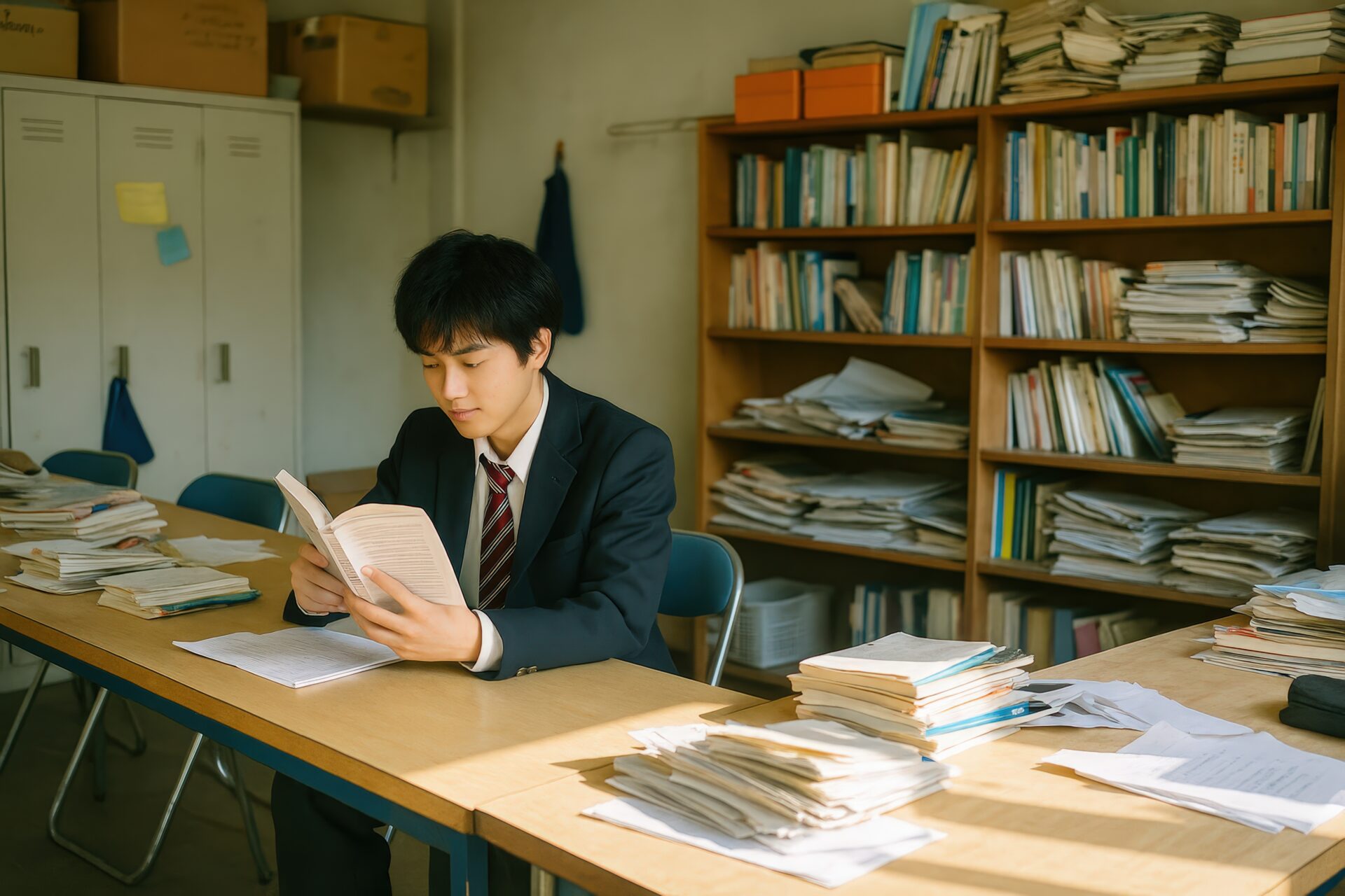 教室の一角で読書に集中する男子高校生