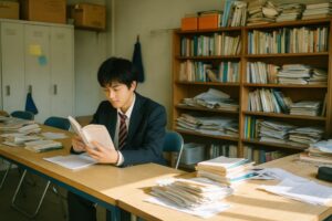 教室の一角で読書に集中する男子高校生