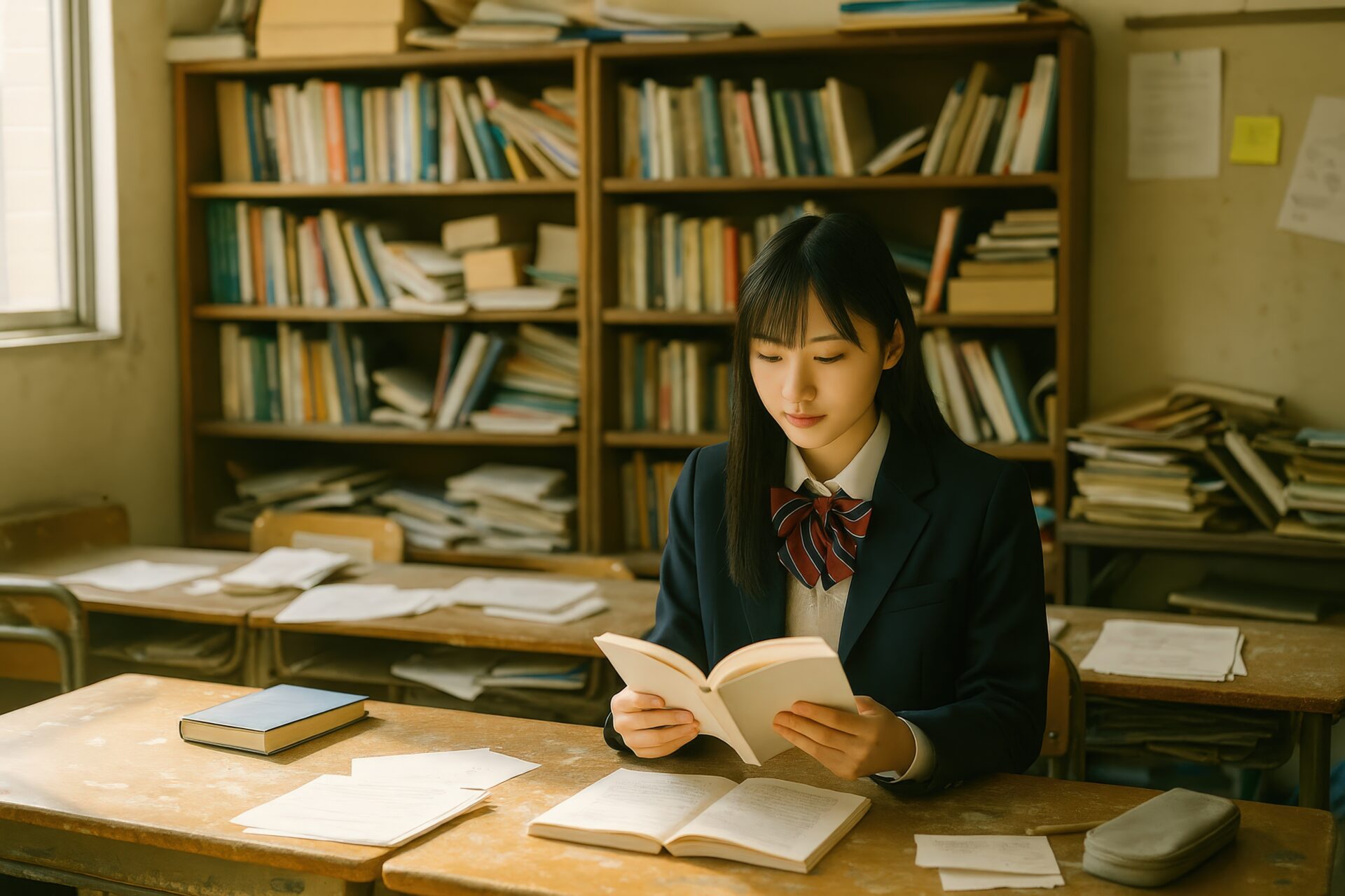 本に夢中になる女子高校生と教室の本棚