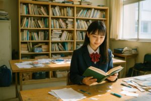 窓辺で本を読む笑顔の女子高校生