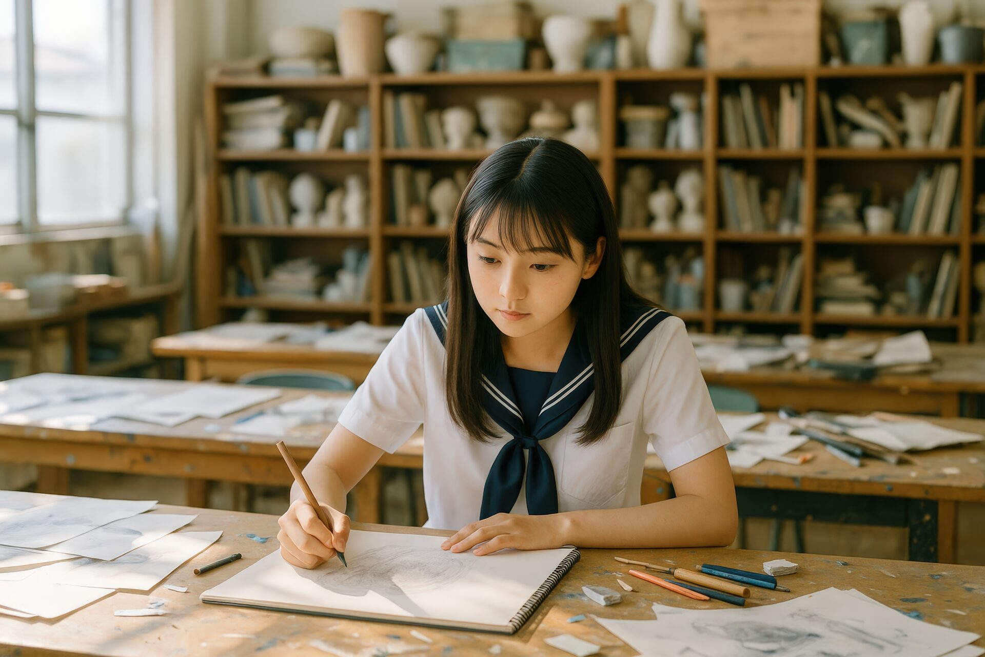 スケッチブックに鉛筆で描く女子高校生
