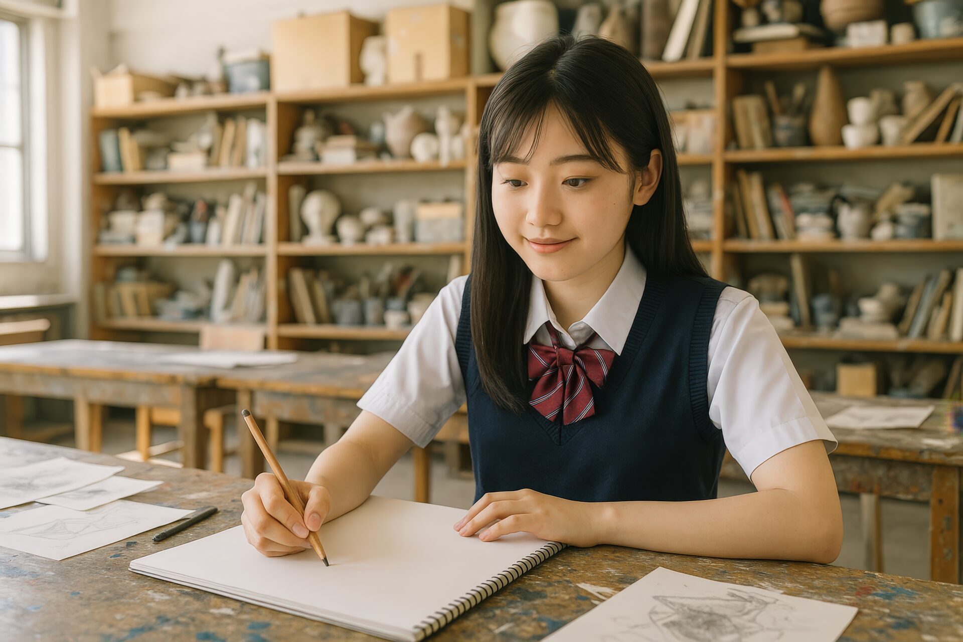 真剣な表情でスケッチする女子高校生
