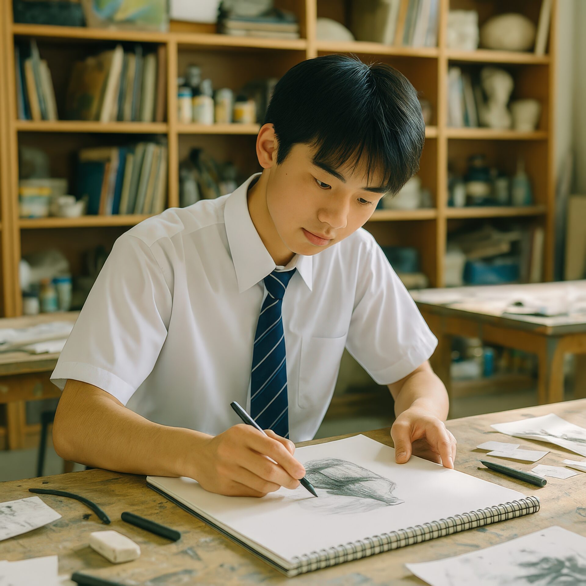 鉛筆でデッサンを描く男子高校生