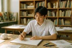 教室で絵を描く男子高校生とスケッチブック