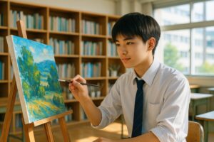 教室で風景画を描く男子高校生