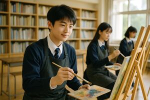 美術の授業で絵を描く男子高校生と女子生徒たち