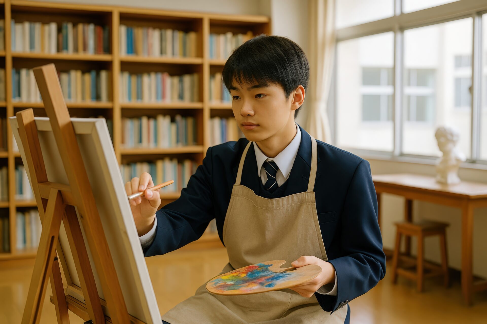 イーゼルに向かって真剣に絵を描く男子高校生