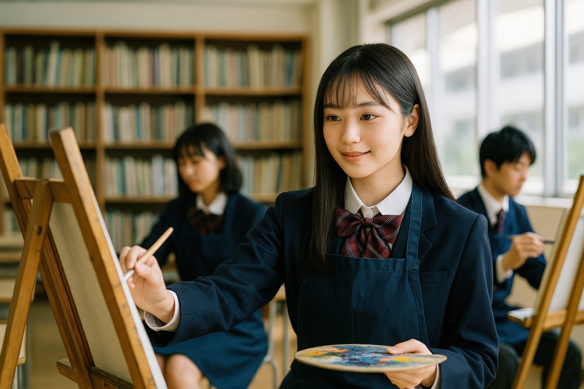 美術室でキャンバスに向かう女子高校生