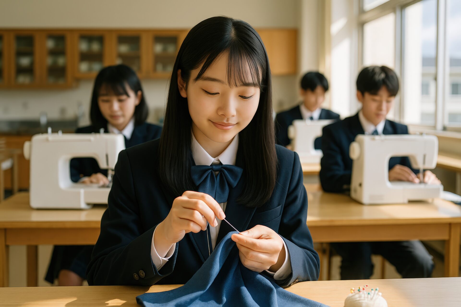 家庭科の授業で裁縫をする女子高校生