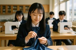 家庭科の授業で裁縫をする女子高校生