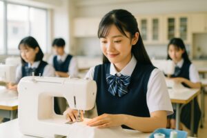 ミシンを使って裁縫をする女子高校生