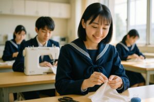 裁縫の授業で手縫いをする女子高校生