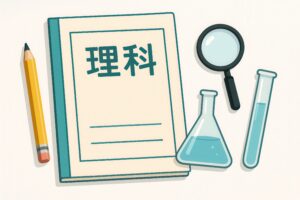 鉛筆と試験管が添えられた理科ノートのイラスト