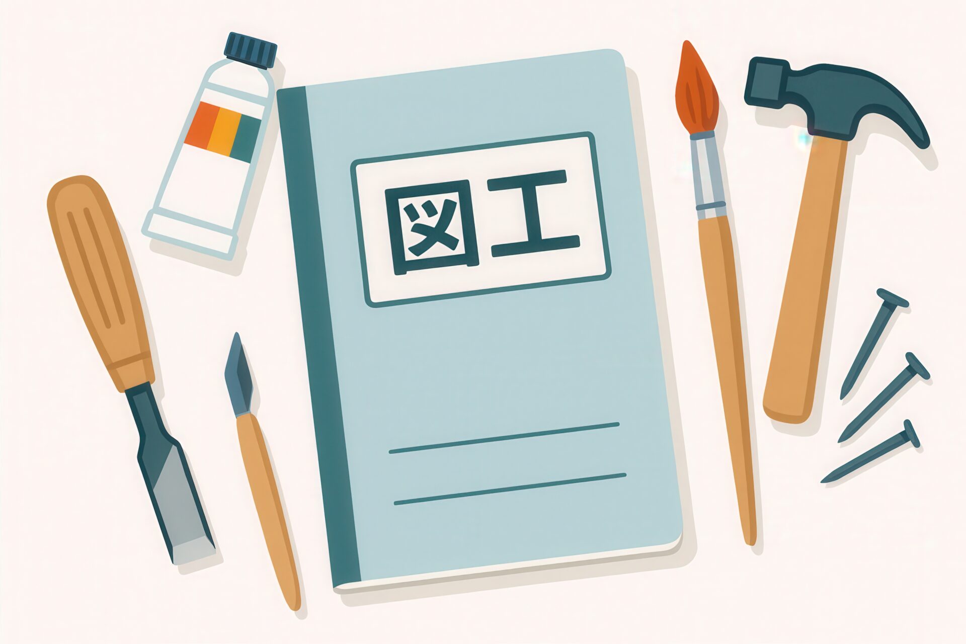 図工ノートと工具や絵の具のイラスト