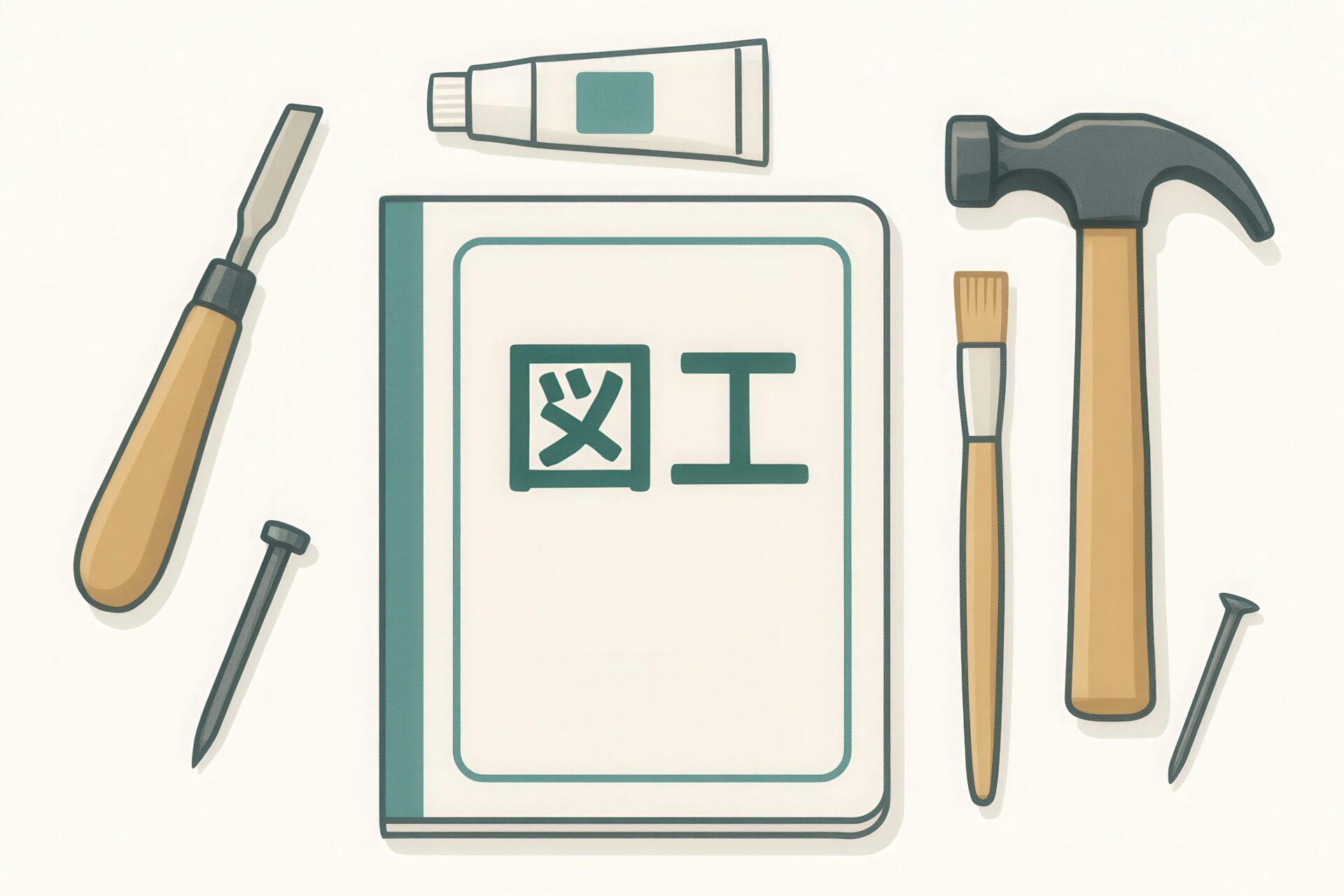 図工ノートと工具や絵筆が並ぶイラスト