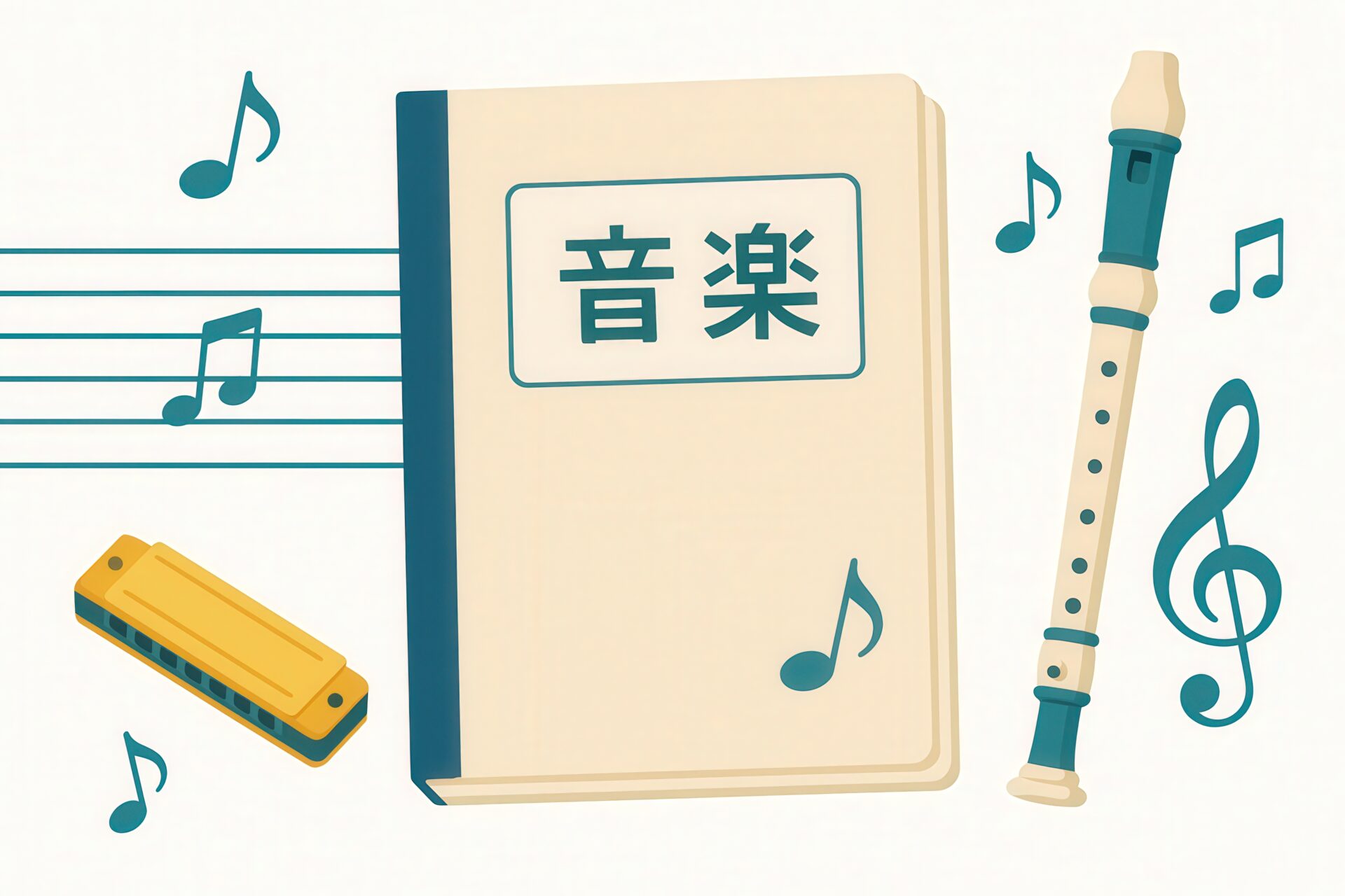 音楽のノートと楽器や音符のイラスト