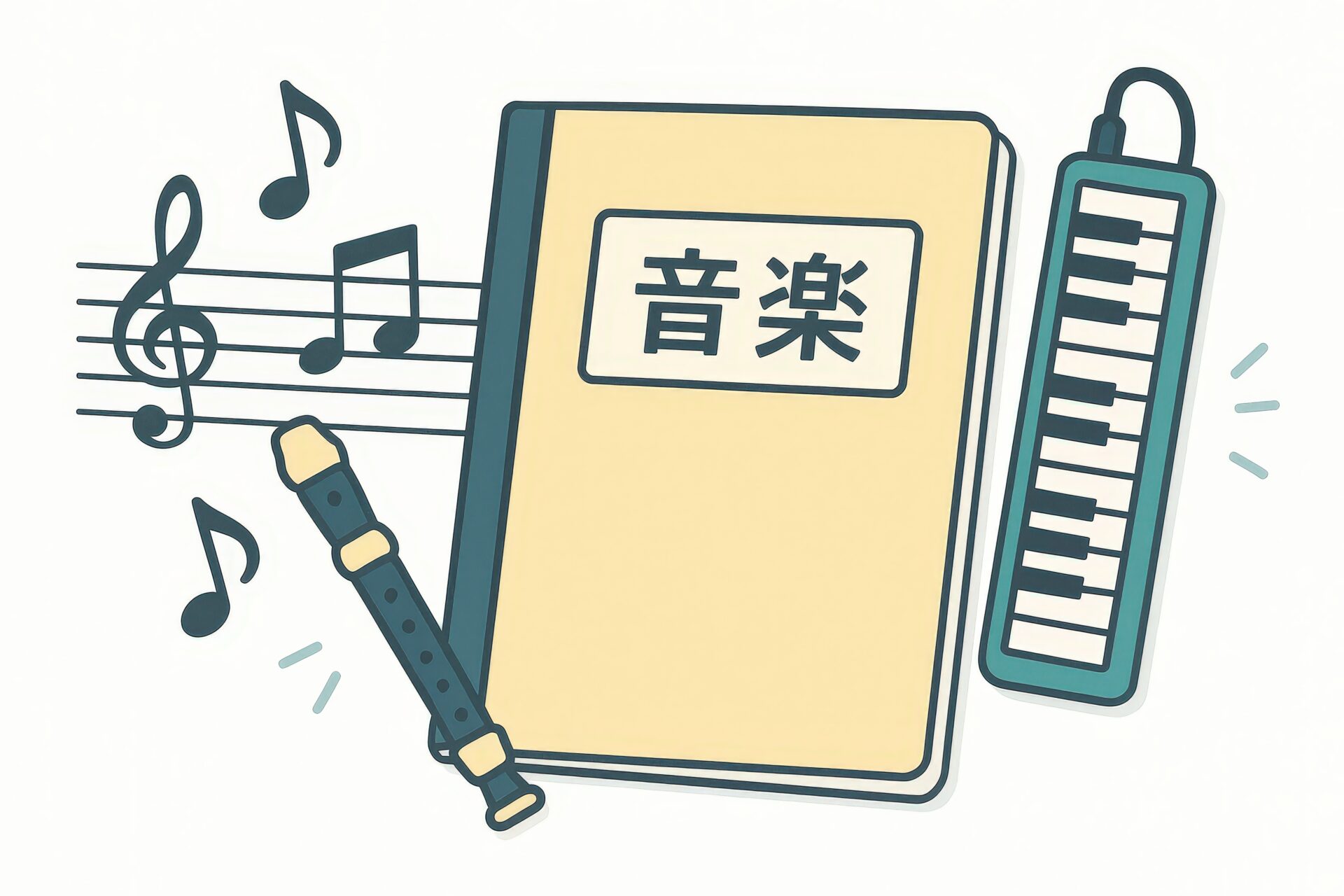 音楽のノートと鍵盤ハーモニカやリコーダーのイラスト