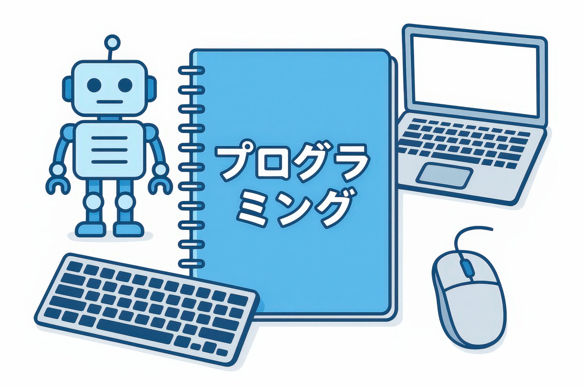 プログラミングノートとパソコン周辺機器のイラスト