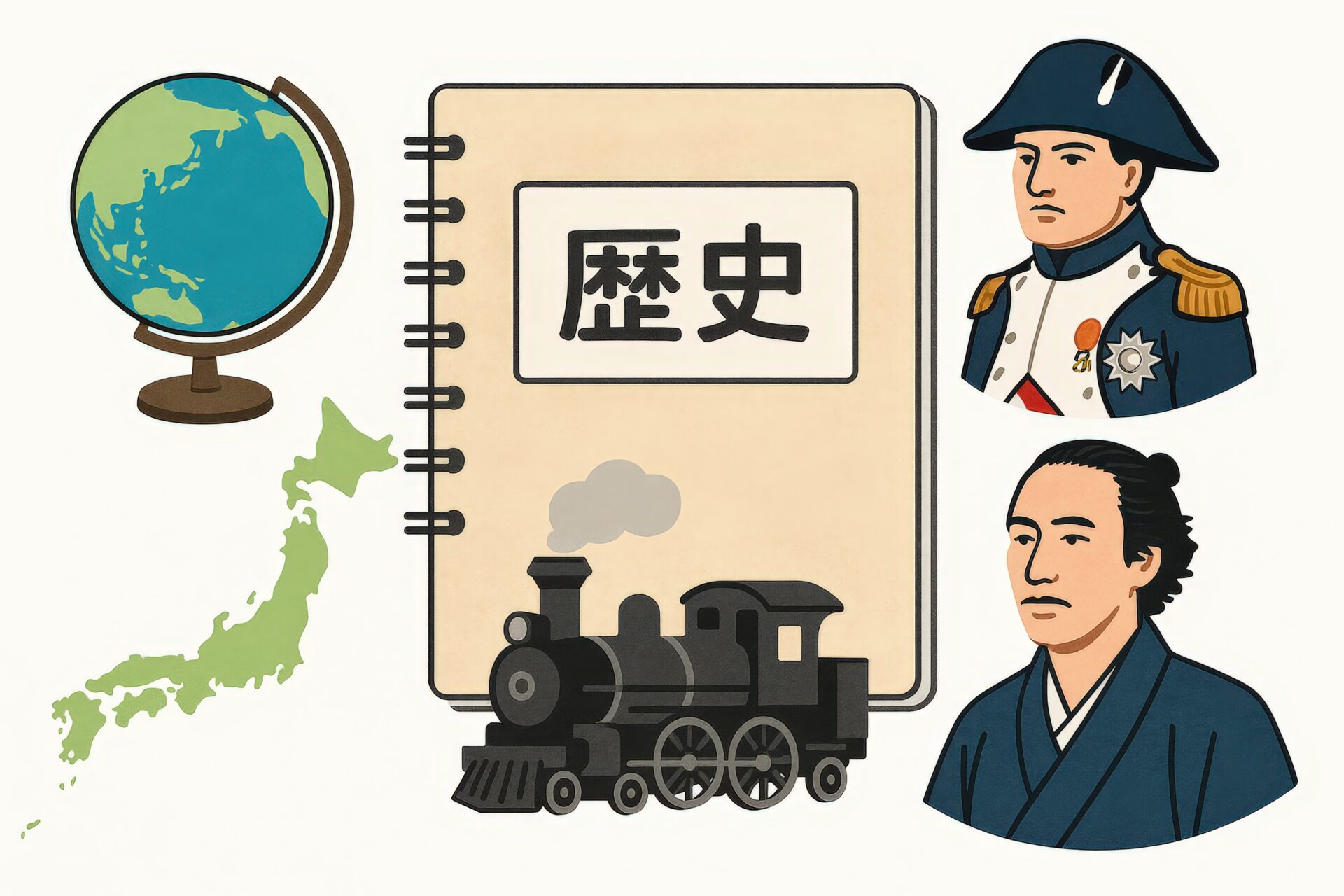 歴史のノートと日本地図と蒸気機関車と偉人のイラスト