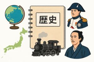 歴史のノートと日本地図と蒸気機関車と偉人のイラスト