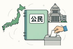 公民のノートと国会議事堂と投票のイラスト