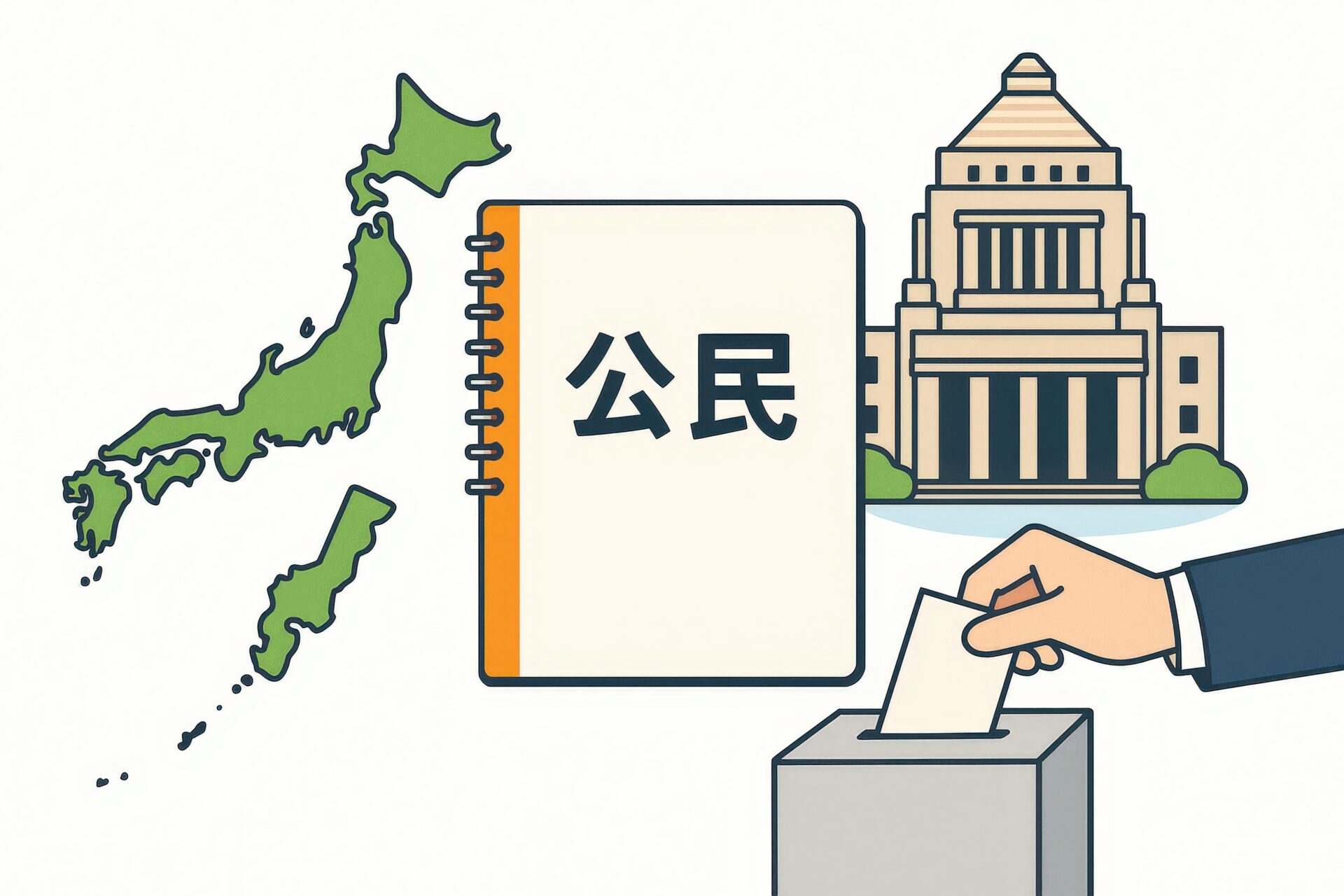 公民の教科書と投票箱と日本地図のイラスト