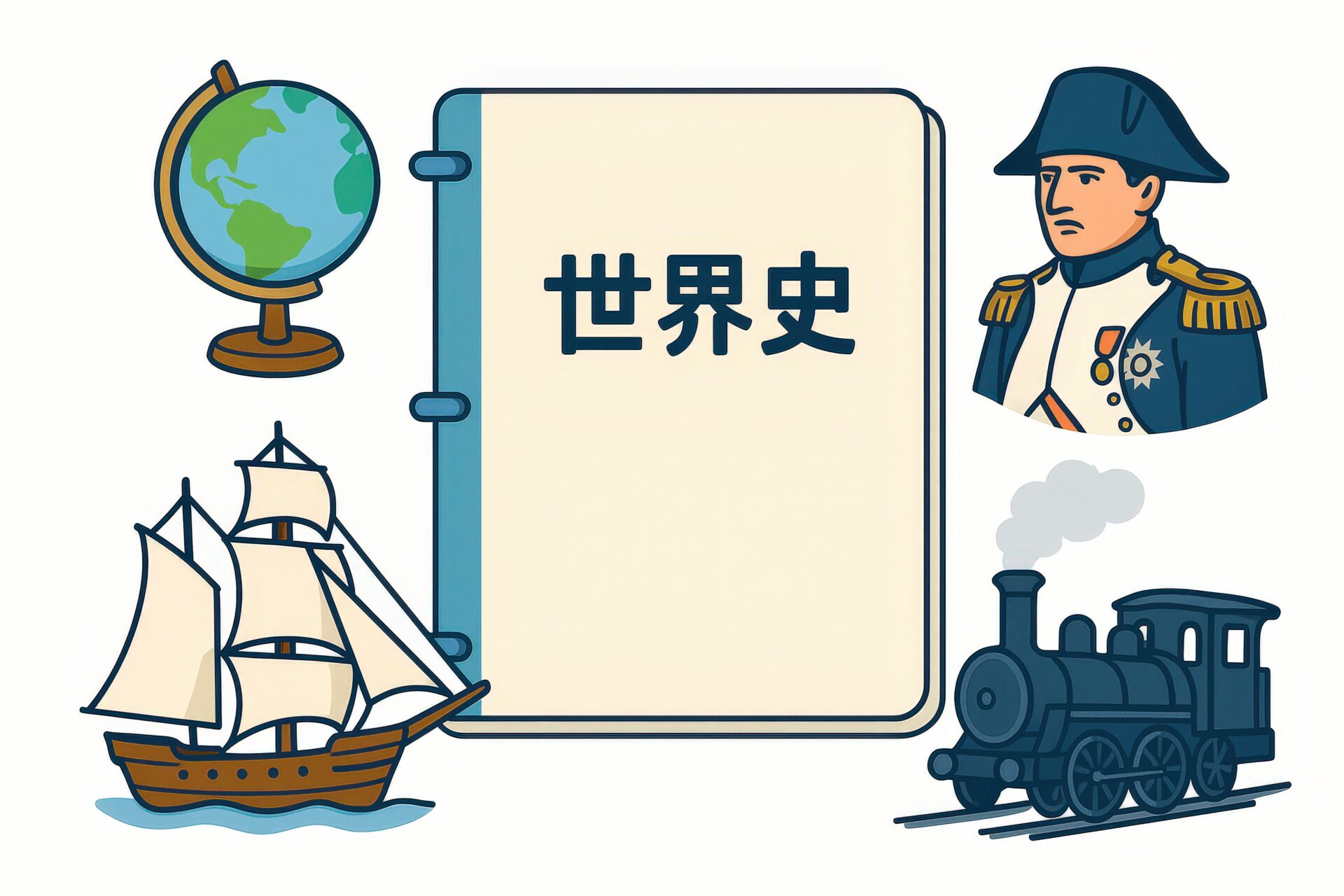 世界史の教科書と地球儀と歴史的人物と帆船のイラスト