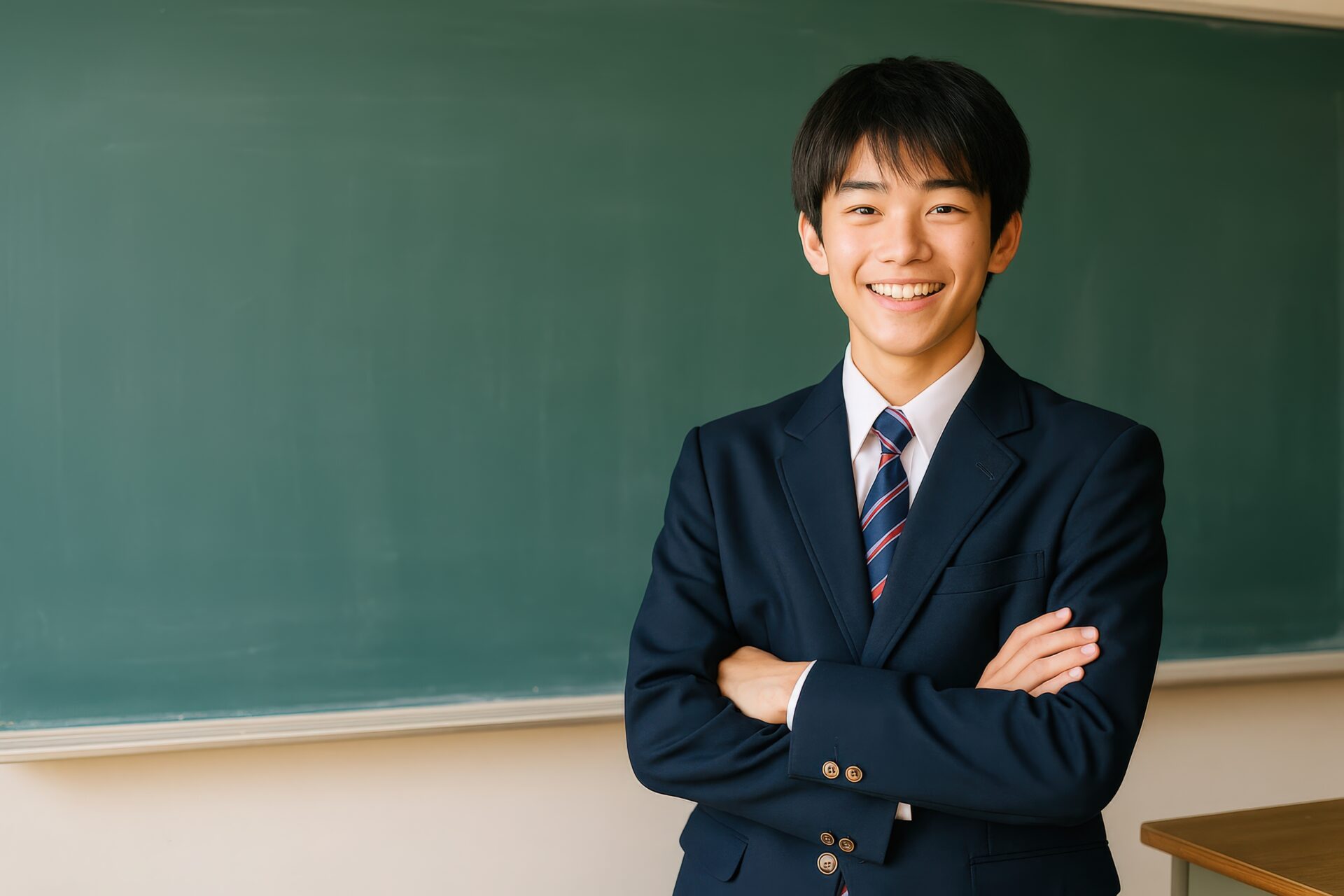 教室で腕を組んで笑う男子高校生のポートレート