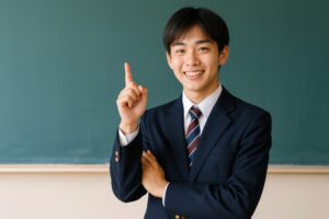 教室で指を立てて説明する笑顔の男子高校生