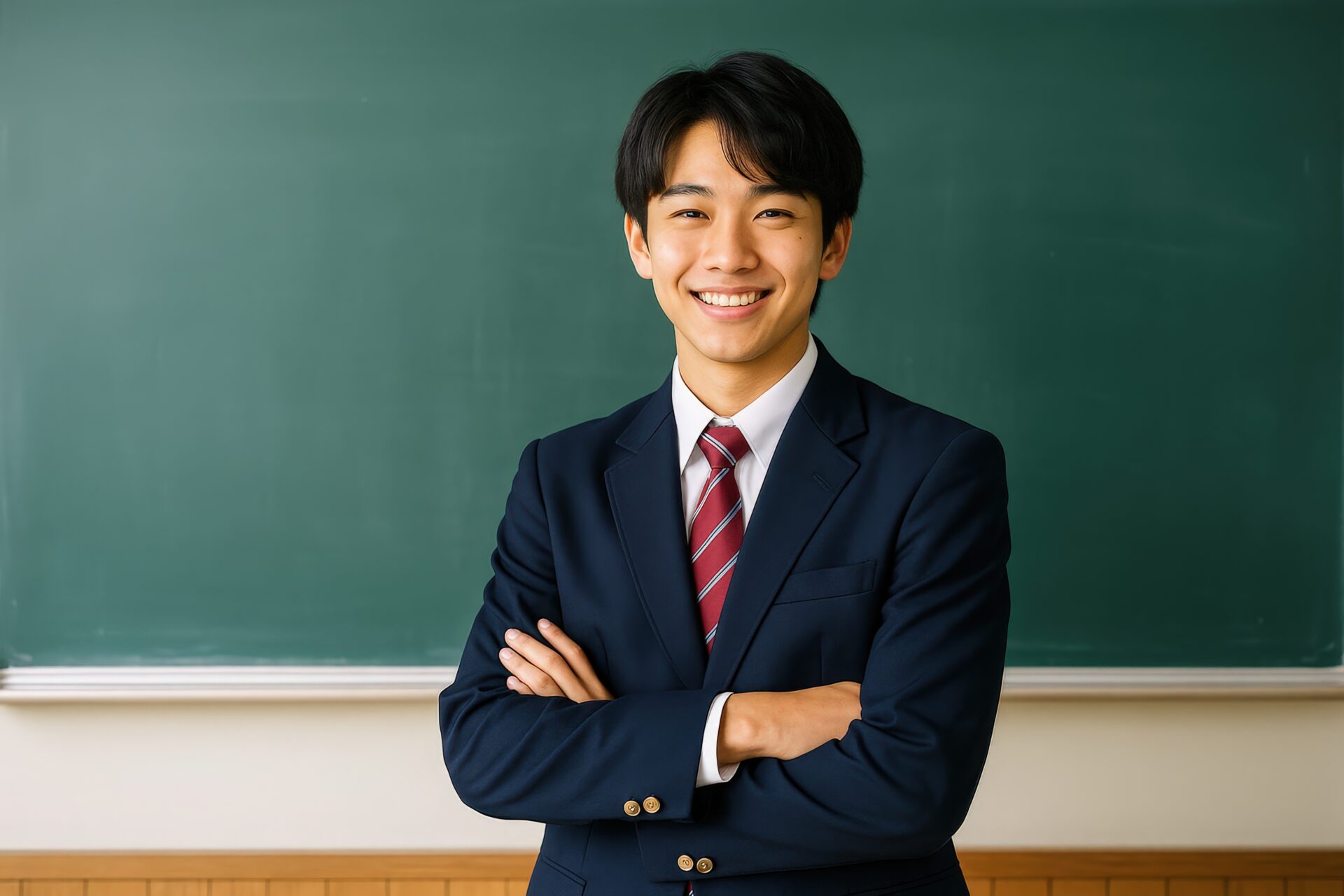 教室の前で腕を組んで微笑む男子高校生のポートレート