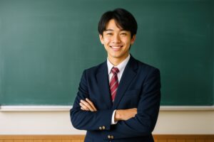 教室の前で腕を組んで微笑む男子高校生のポートレート