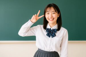 笑顔でピースサインをする女子高校生のポートレート