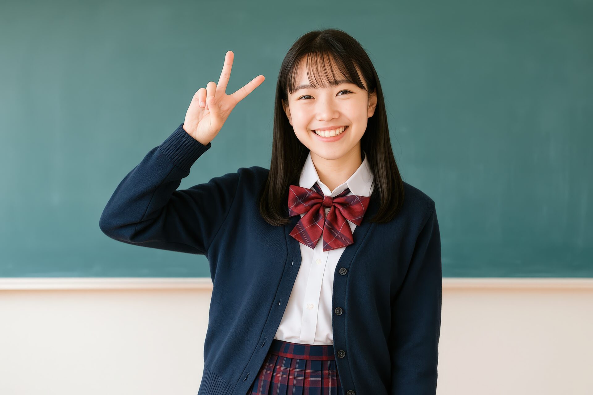 カーディガン姿でピースする女子高校生の笑顔のポートレート