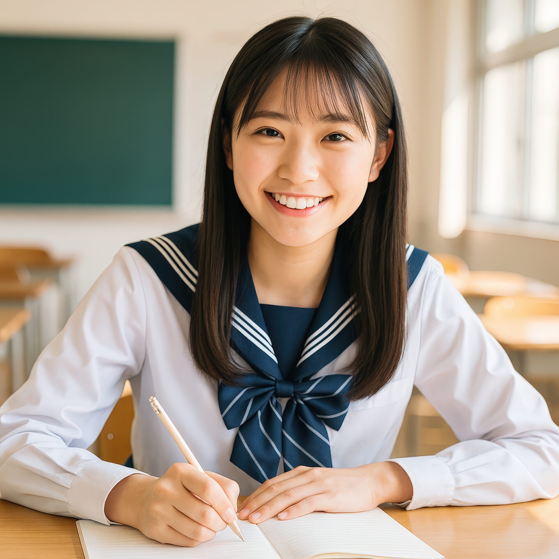 教室でノートをとる笑顔の女子中学生