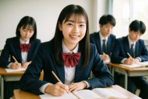 教室で笑顔で勉強する女子高校生とクラスメイトたち