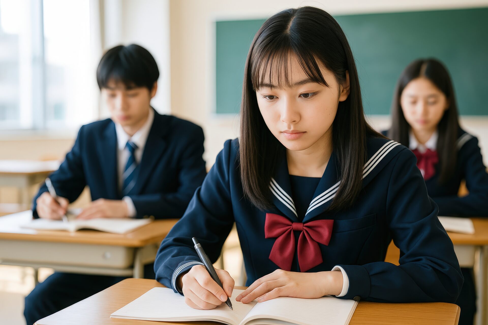 真剣にノートを書く女子生徒と制服姿のクラスメイトたち
