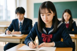 真剣にノートを書く女子生徒と制服姿のクラスメイトたち