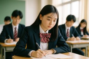 教室で集中してノートを書く女子高校生と生徒たち