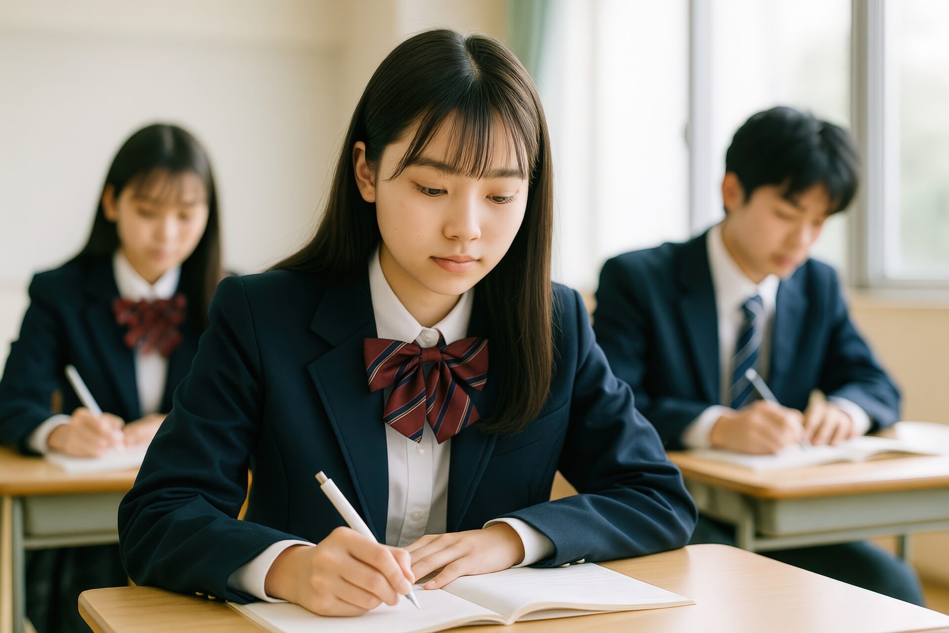 勉強に取り組む女子高校生と制服姿のクラスメイトたち