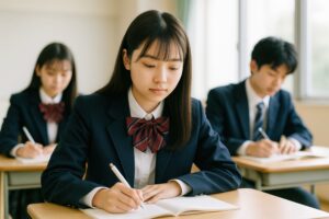 勉強に取り組む女子高校生と制服姿のクラスメイトたち