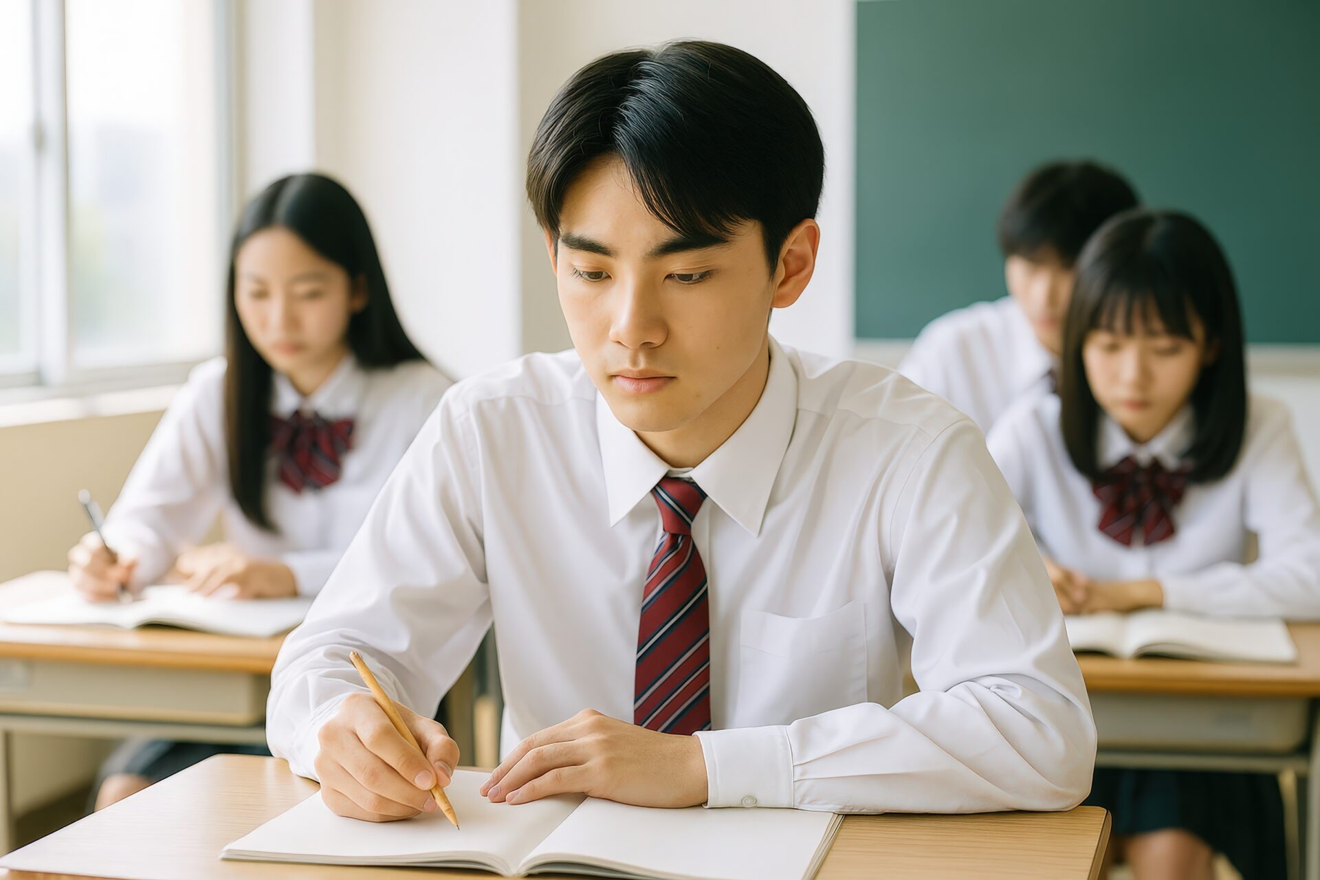 授業中にノートを取る男子高校生とクラスメイトたち