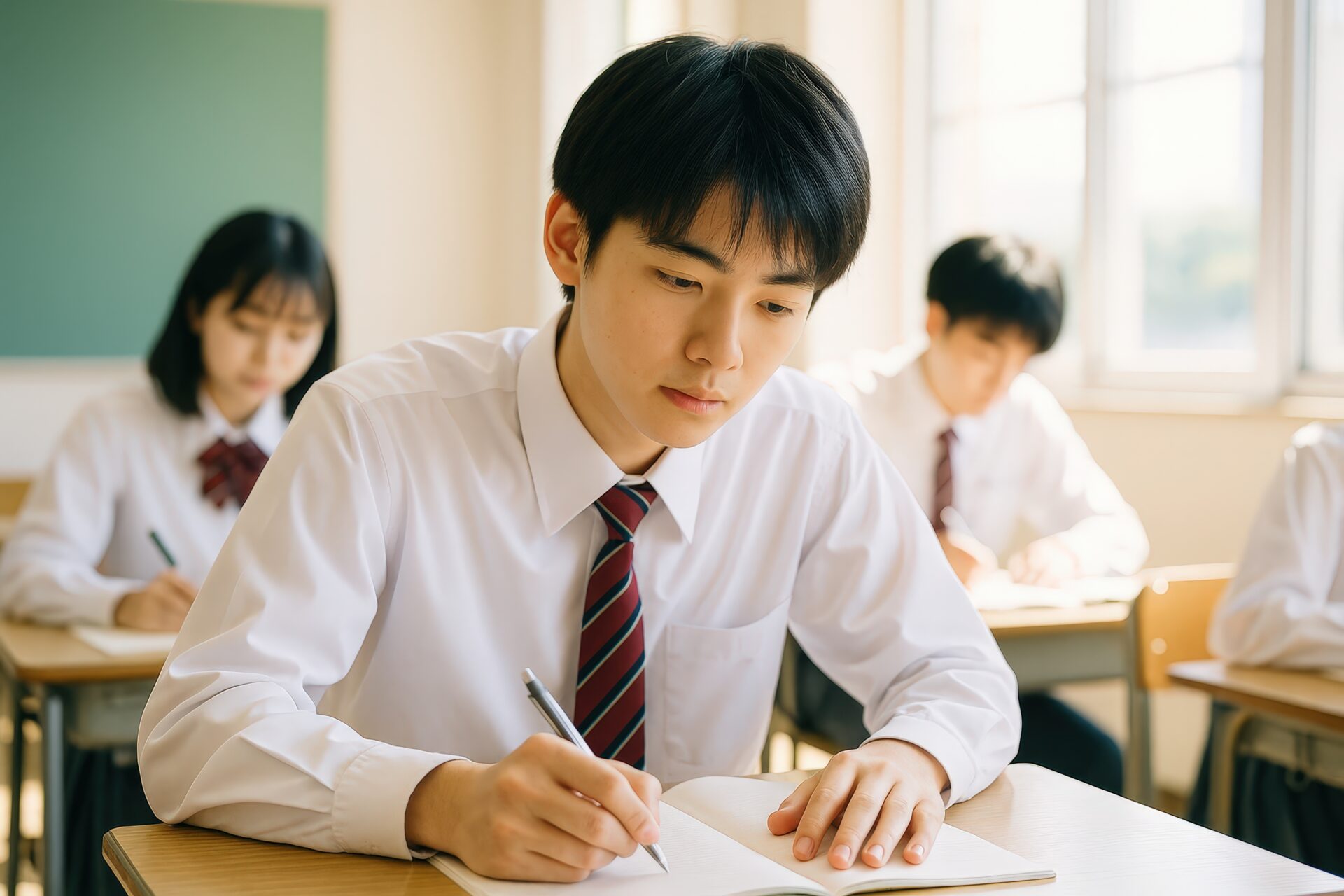 教室で勉強する男子高校生と制服姿の生徒たち